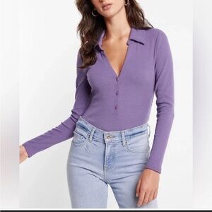 Express Ribbed V-Neck Long Sleeve Henley Light Purple Bodysuit Top Large